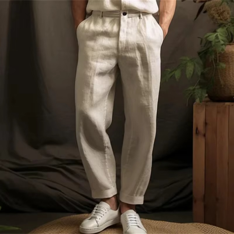 Men's light beige linen blend relaxed fit trousers lightweight breathable warm weather casual pants
