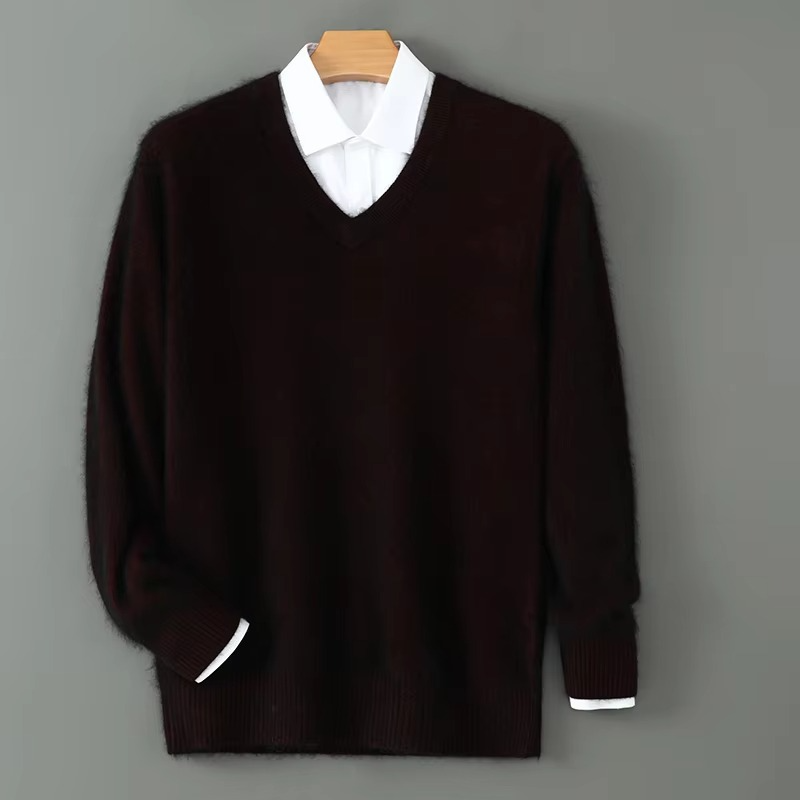Men's gray cashmere blend V-neck sweater relaxed fit lightweight knit plus size winter pullover