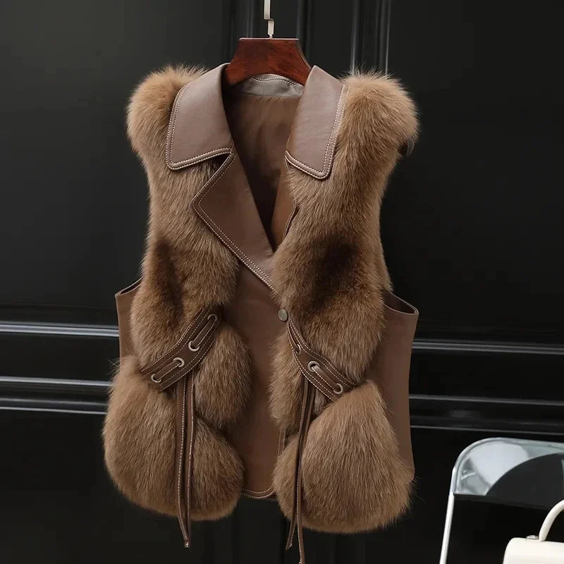 Women's ivory regular fit sleeveless fur vest with collar, fur trim, and chic tie detail