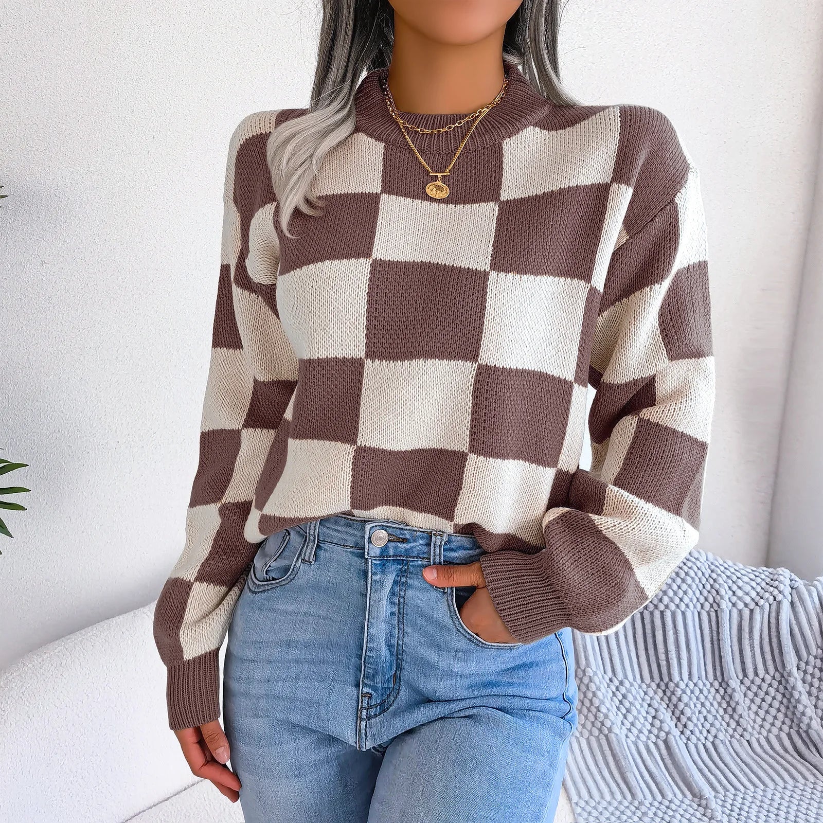 Violet checkered knit pullover sweater women Y2K hip-length cozy autumn winter layering essential