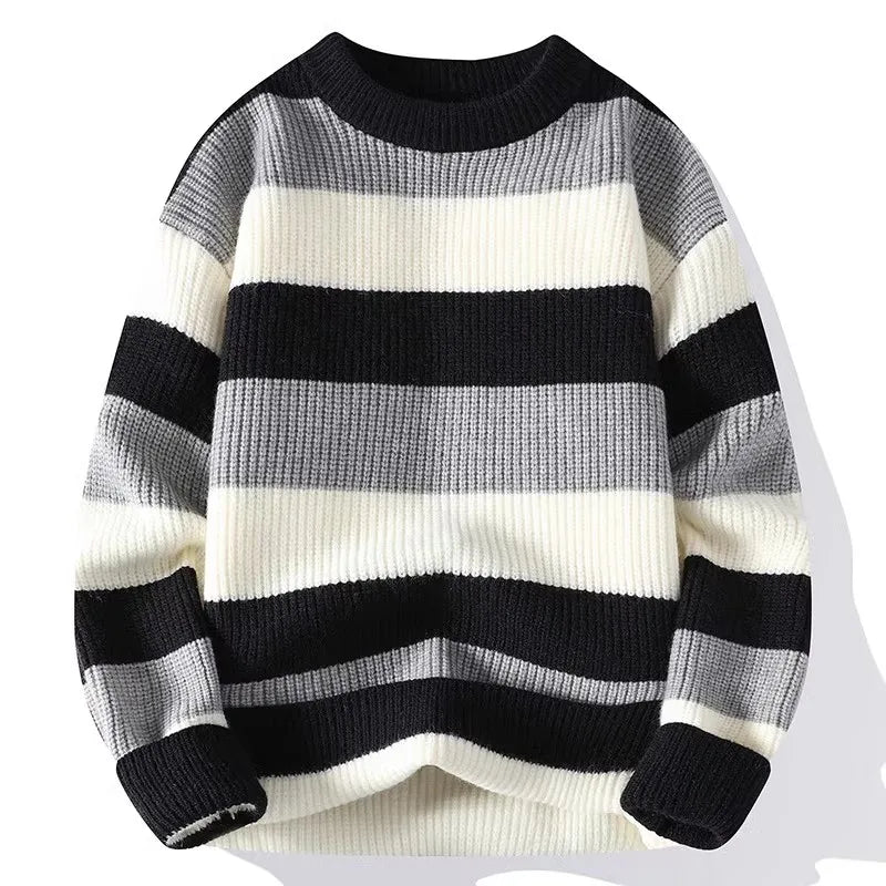 Striped rib knit sweater in bold horizontal pattern, relaxed casual fit with soft structured stretch fabric