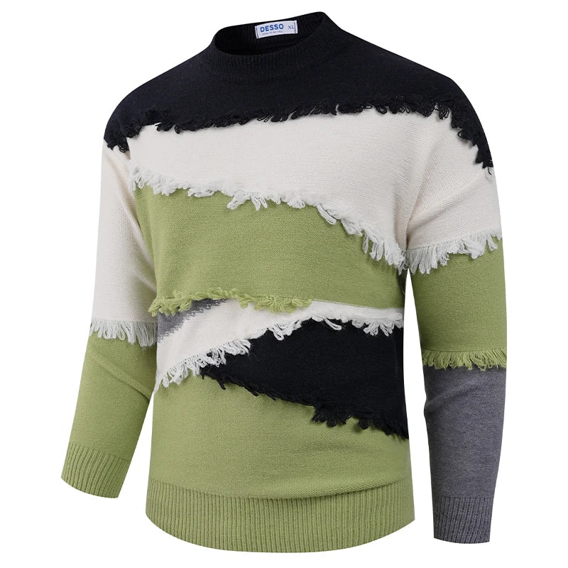 Men's colorblock fringe stripe knit sweater bold streetwear style with textured fringe detailing