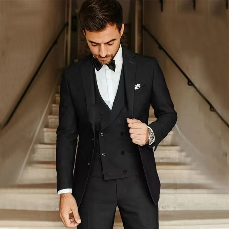 Men's slim fit black tailcoat suit 3-piece set with vest and pants for weddings