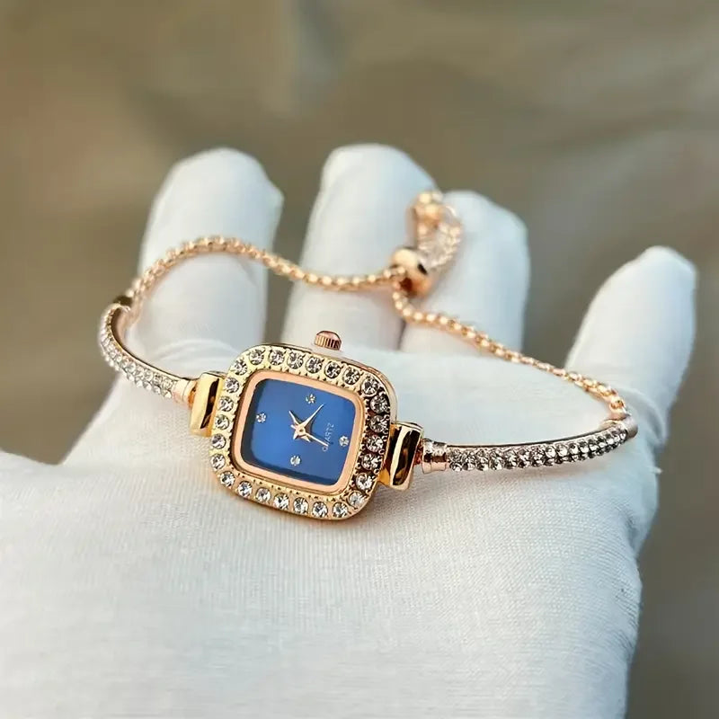 Women's Isla square face wristwatch with rhinestone embellishments and adjustable slider clasp bracelet band