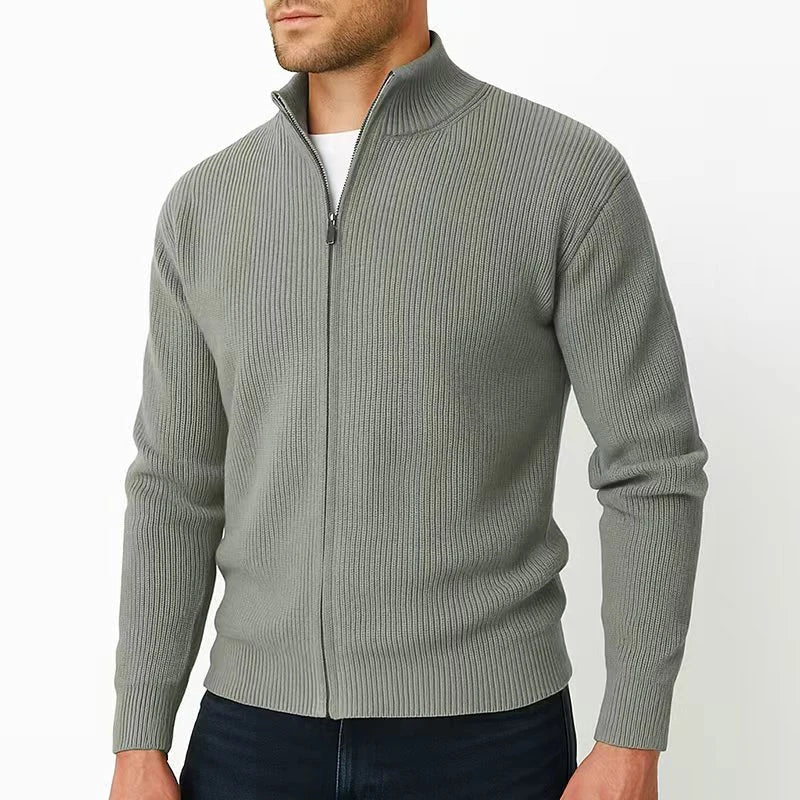 Unisex ribbed knit zip-up sweater with high collar, smart casual essential in versatile neutral tone