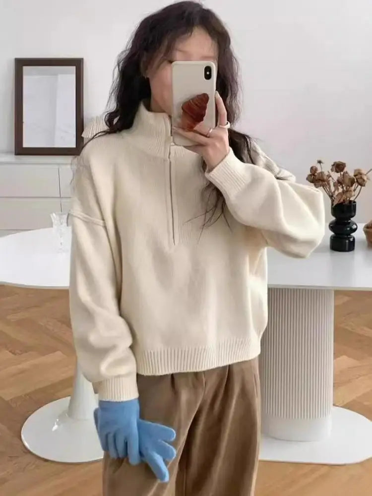 Women's high neck knit sweater with half zip, cozy acrylic pullover for layering in autumn winter