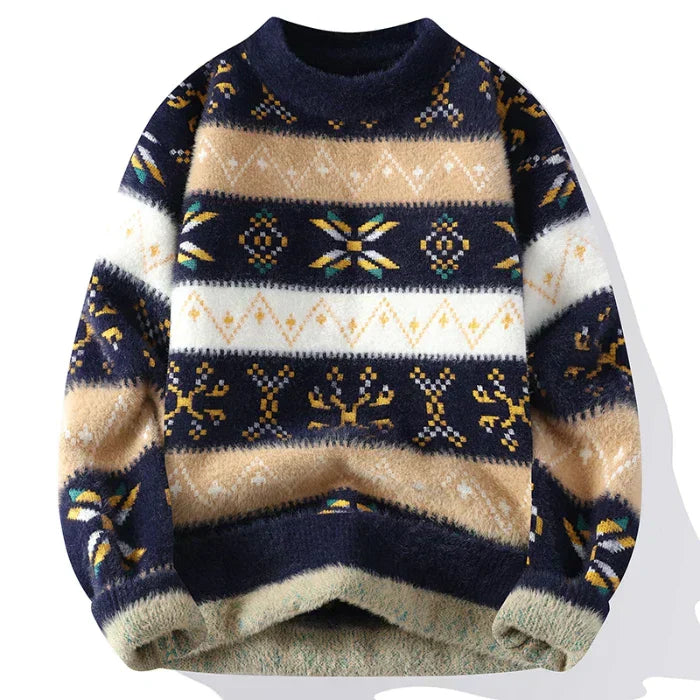 Men's vintage geometric patterned knit sweater in rich contrasting tones, cozy retro-inspired crewneck
