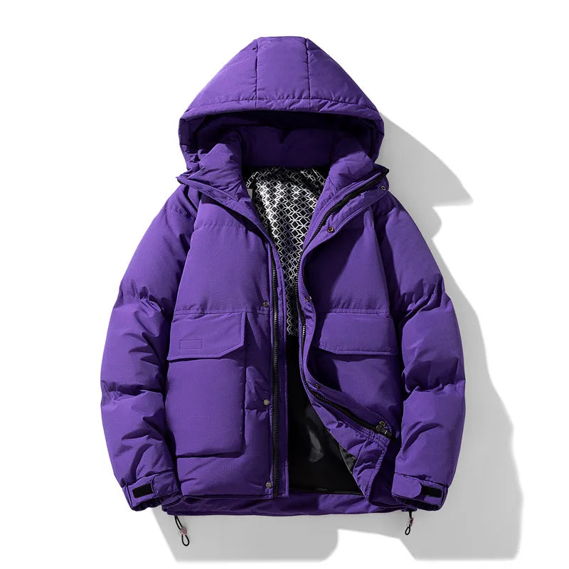 Men's waterproof hooded winter jacket, windproof dark outerwear with sleek silhouette for cold weather