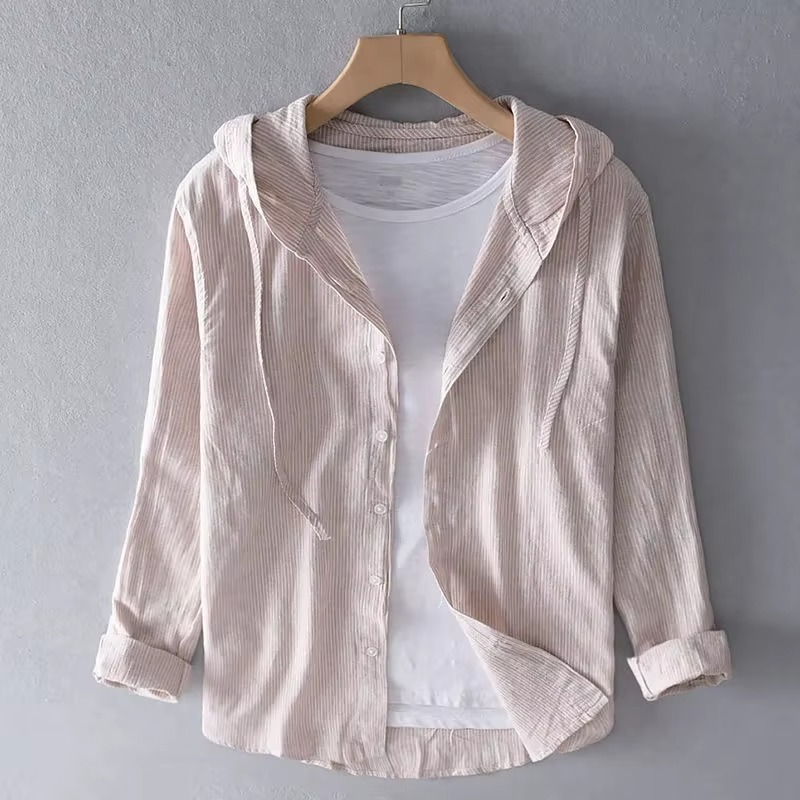 Men's relaxed fit hooded cotton linen shirt lightweight breathable casual summer style