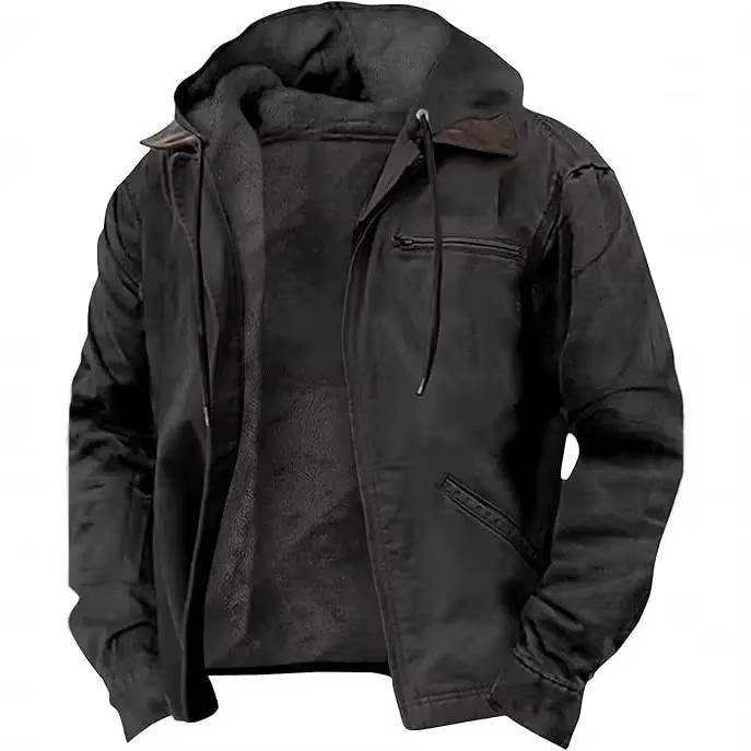 Men's heavyweight hooded workwear jacket relaxed fit wind-resistant insulated shell for fall winter