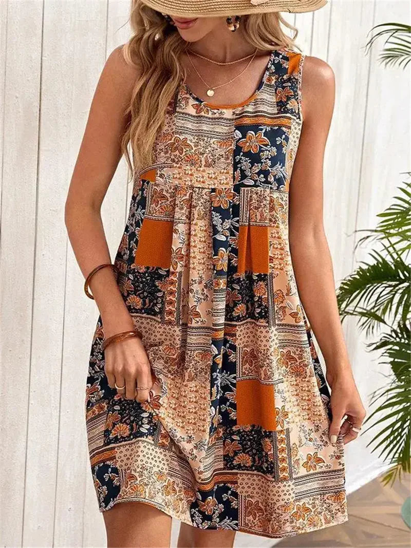 Women's sleeveless A-line dress in soft woven fabric, breezy scoop neckline summer travel style