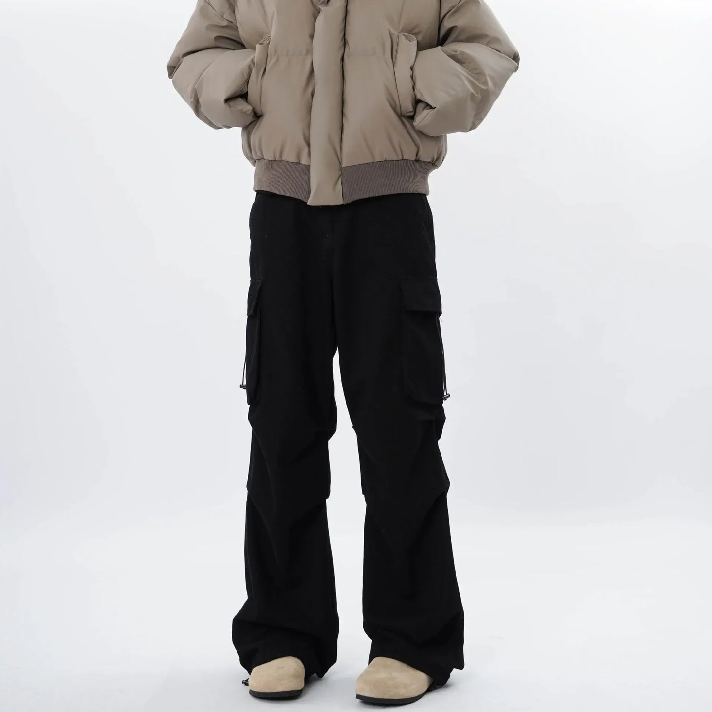Baggy carpenter work pants relaxed fit slight flare hem deep seasonal tones durable cotton blend urban style