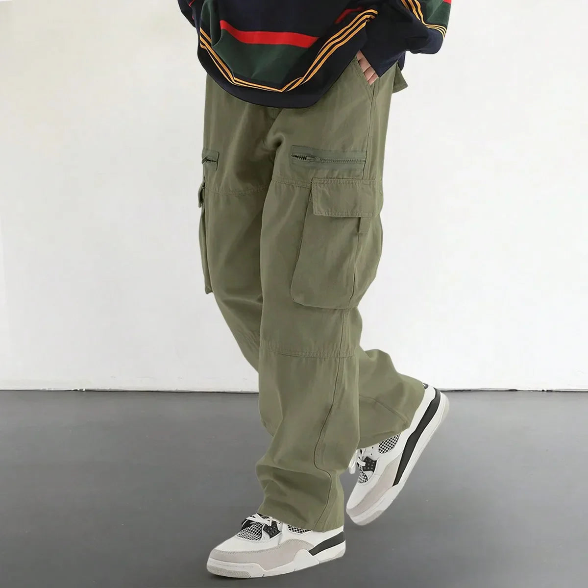 Men's olive cargo pants relaxed fit with spacious flap pockets and adjustable drawstring waist