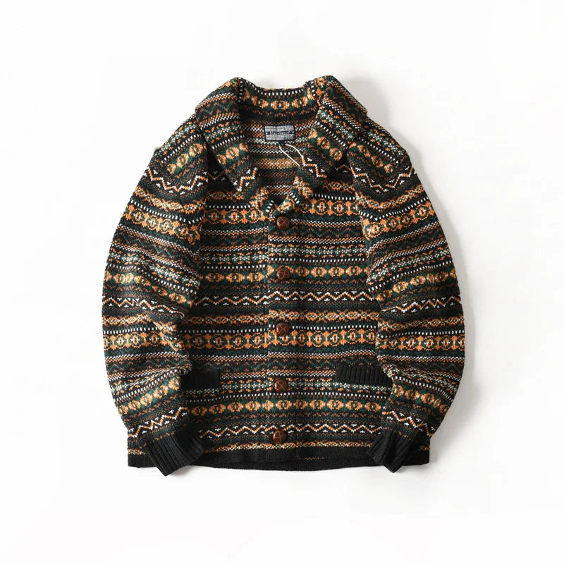 Earthy tones patterned knit cardigan button-down relaxed fit retro geometric vintage style