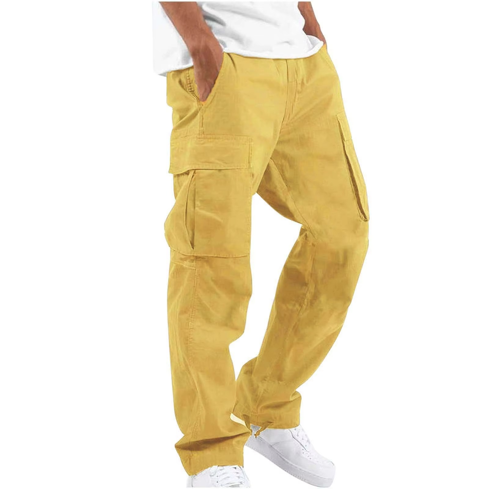 Men's solid cargo pants with adjustable drawstring waist and rugged multi-pocket design for everyday wear
