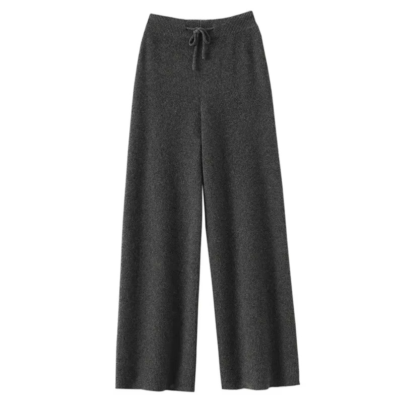 Women's high waist wide leg woolen knit pants in warm neutral tones with elasticized waistband