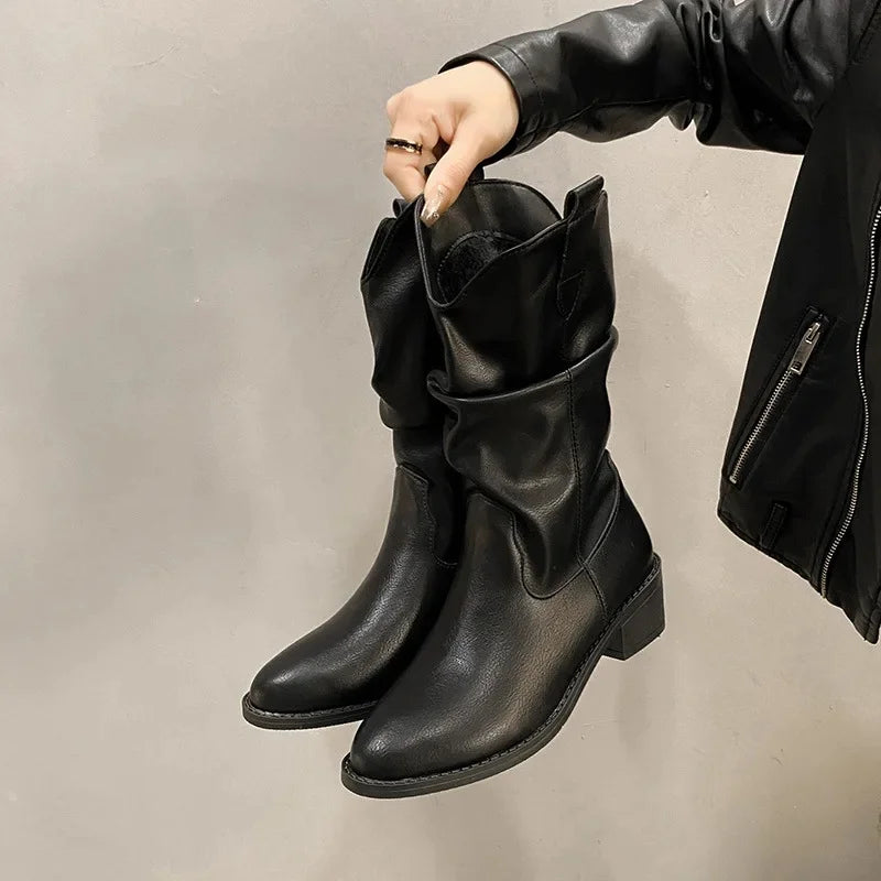 Kaitlyn women's brown leather knee-high slouch boots with comfortable low heel timeless style