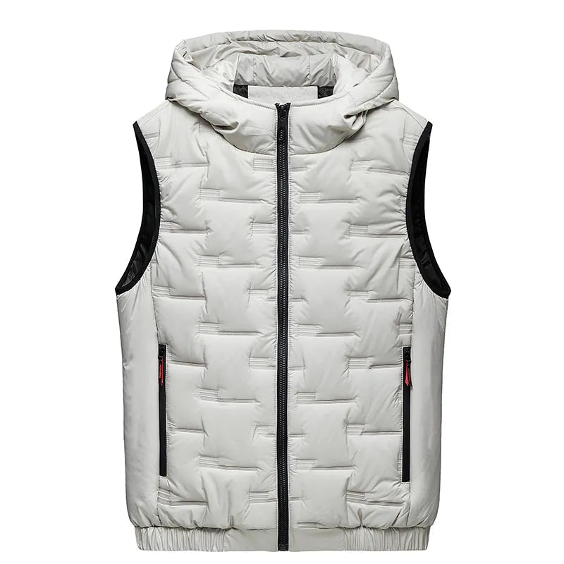 Black hooded down vest with embossed quilted blocks, lightweight urban tech-wear insulation design