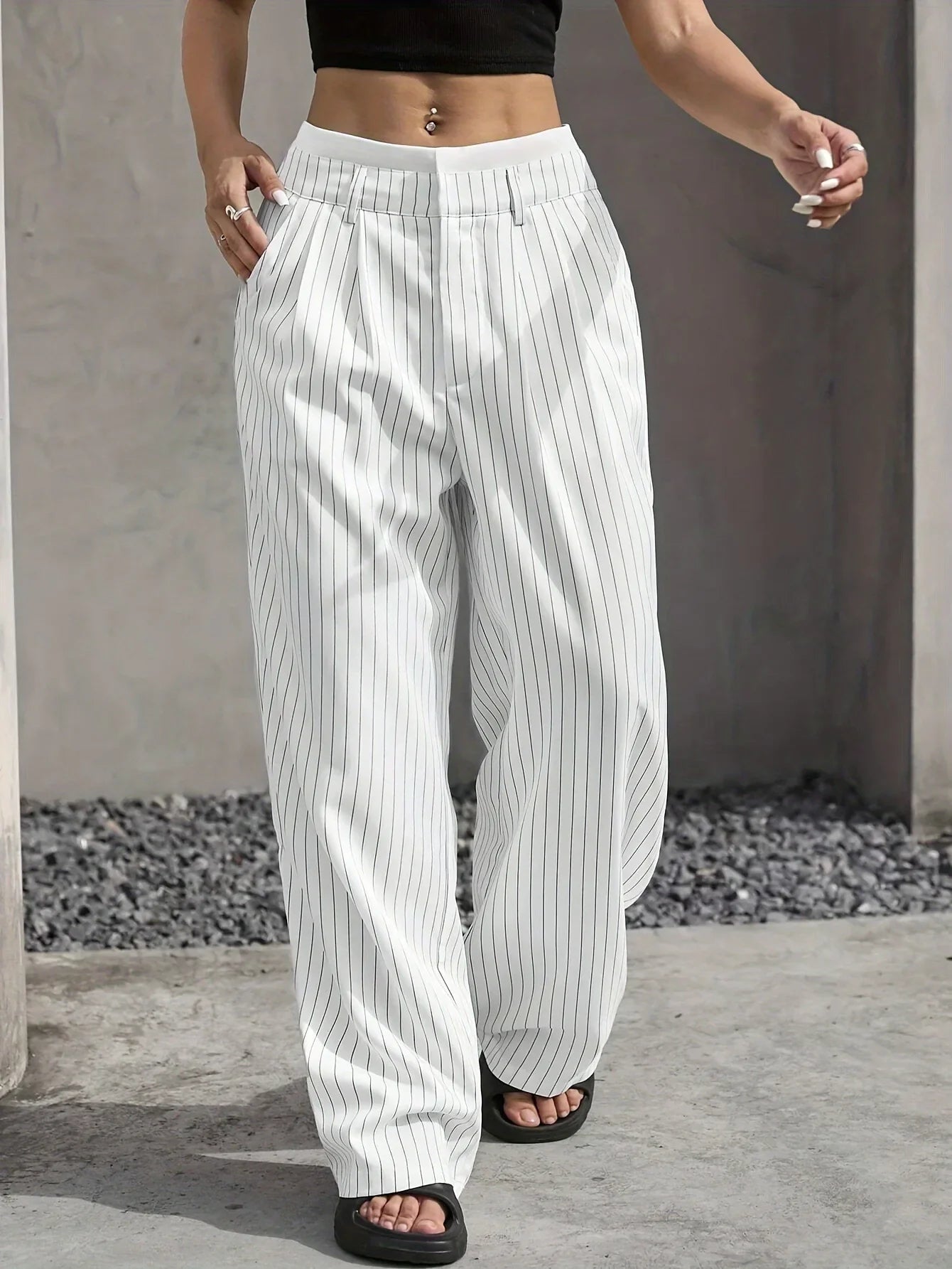 Women's high-waist pinstripe dress pants with slight stretch tailored fit for desk-to-dinner style