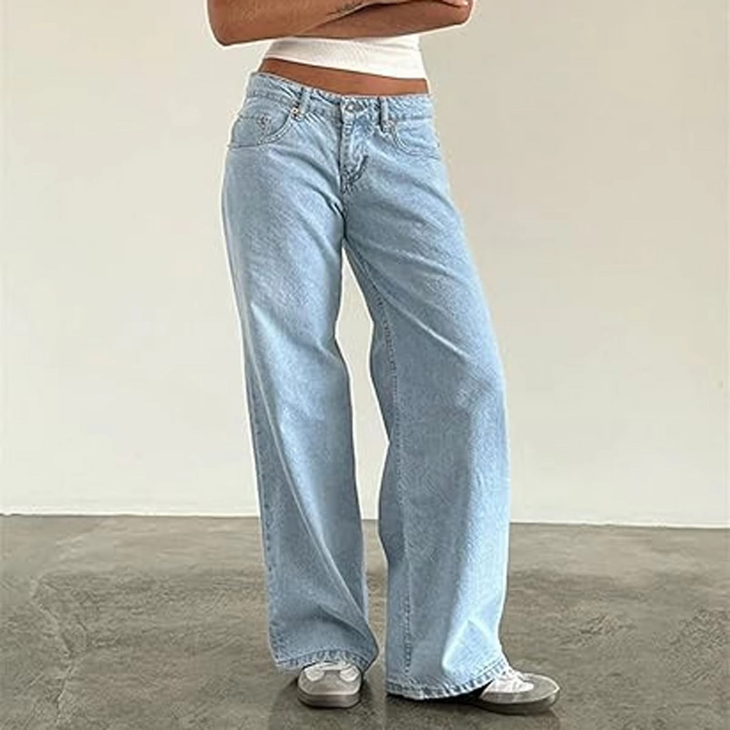 Women's retro washed mid-rise straight leg jeans in vintage blue soft cotton denim flattering fit