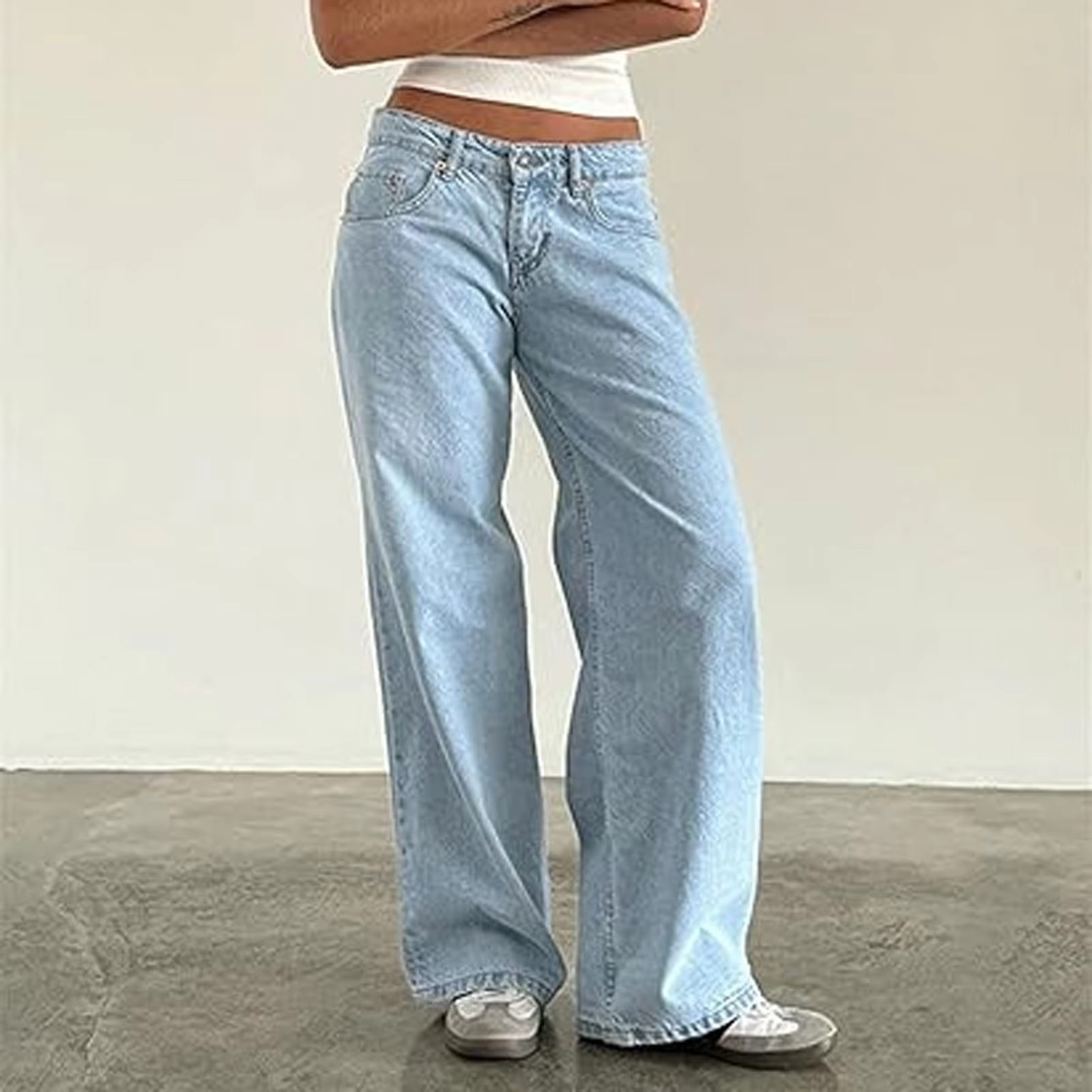 Women's retro washed mid-rise straight leg jeans in vintage blue soft cotton denim flattering fit