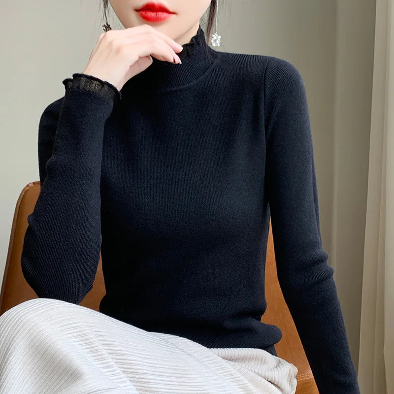 Women's ivory cashmere mock neck sweater, long sleeve slim silhouette with breathable lightweight knit