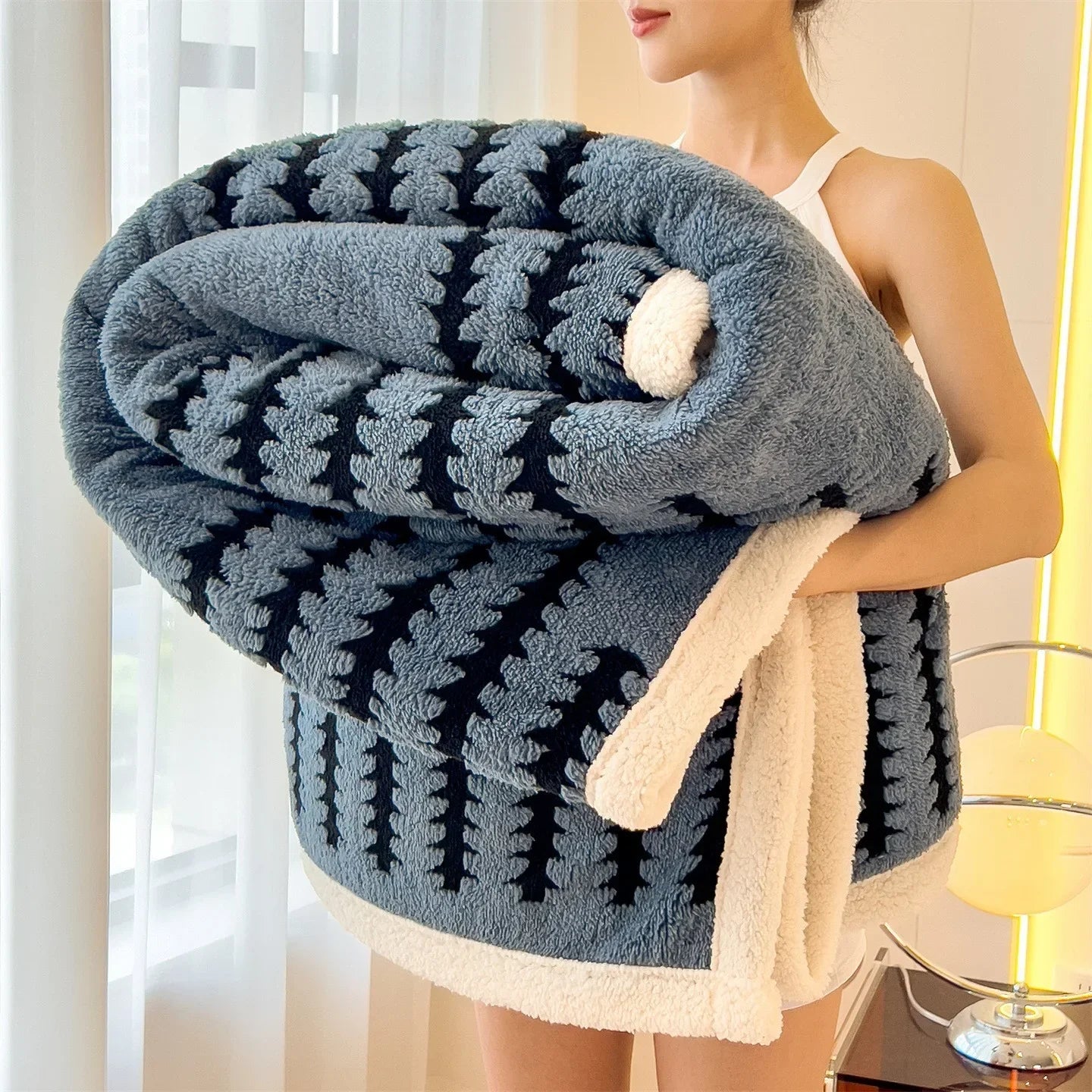 Dual-sided sherpa flannel throw blanket patterned cozy plush white fleece reverse modern home comfort