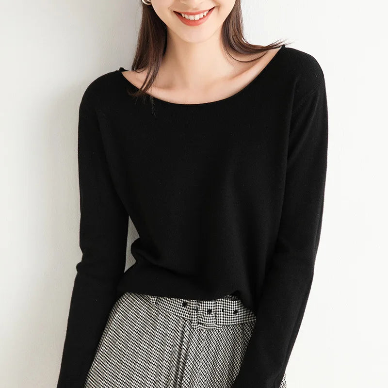 Women's mist blue fine-gauge knit top, lightweight cotton blend with smooth bound neckline