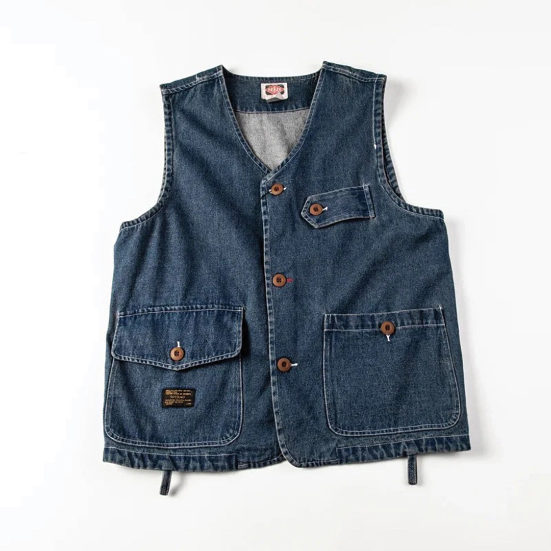 Blue denim vest relaxed fit multi-pocket cotton utility style with Japanese workwear heritage