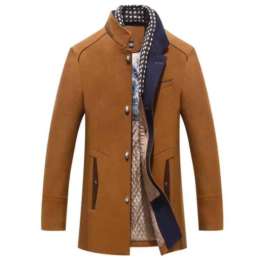 Men's charcoal wool blend insulated overcoat with distinctive scarf collar, tailored winter silhouette