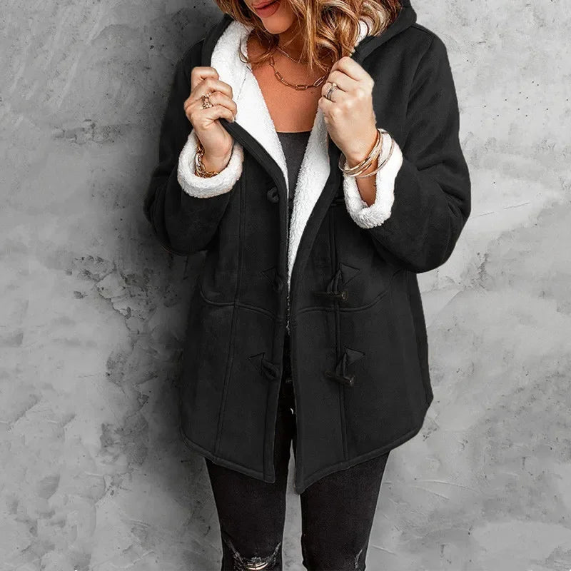 Hooded unisex winter coat with plush fleece lining, toggle closures, and cozy outdoor warmth