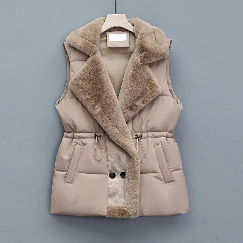 Women's black quilted puffer vest relaxed fit hip length with collared neckline drawstring waist