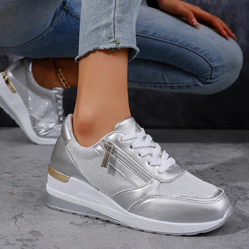 Women's silver metallic platform sneakers dual zip closure chunky sole futuristic style