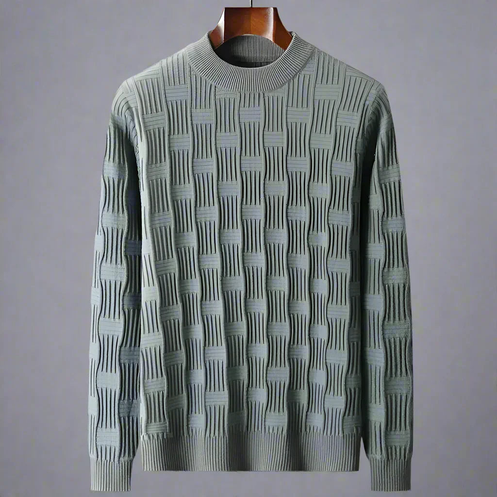 Textured grid knit crew neck sweater with 3D pattern, streamlined fit for modern professionals
