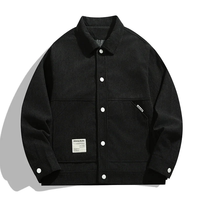 Beige corduroy trucker jacket with retro 90s silhouette and distinctive textured ribbed finish