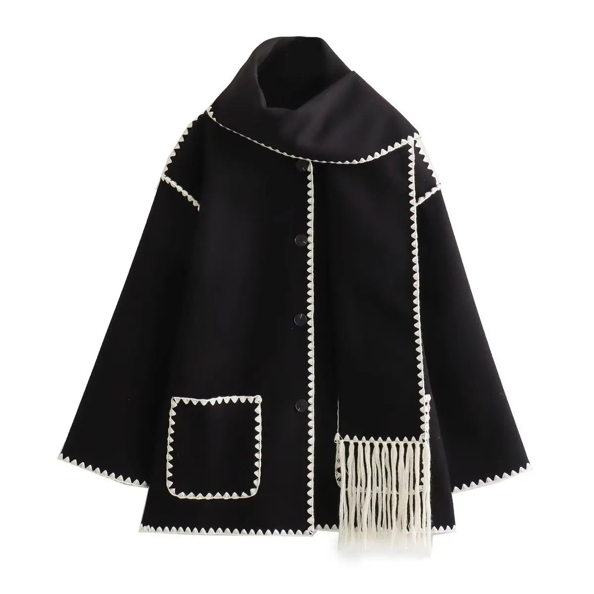 Warm wool blend French coat with integrated scarf and bold whipstitching for winter style