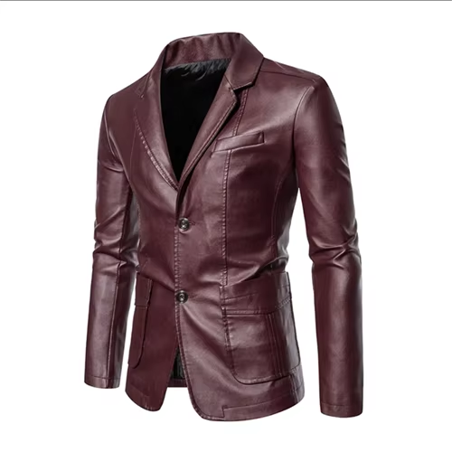 Men's black slim-fit leather jacket with suit collar, premium smooth finish for business professionals
