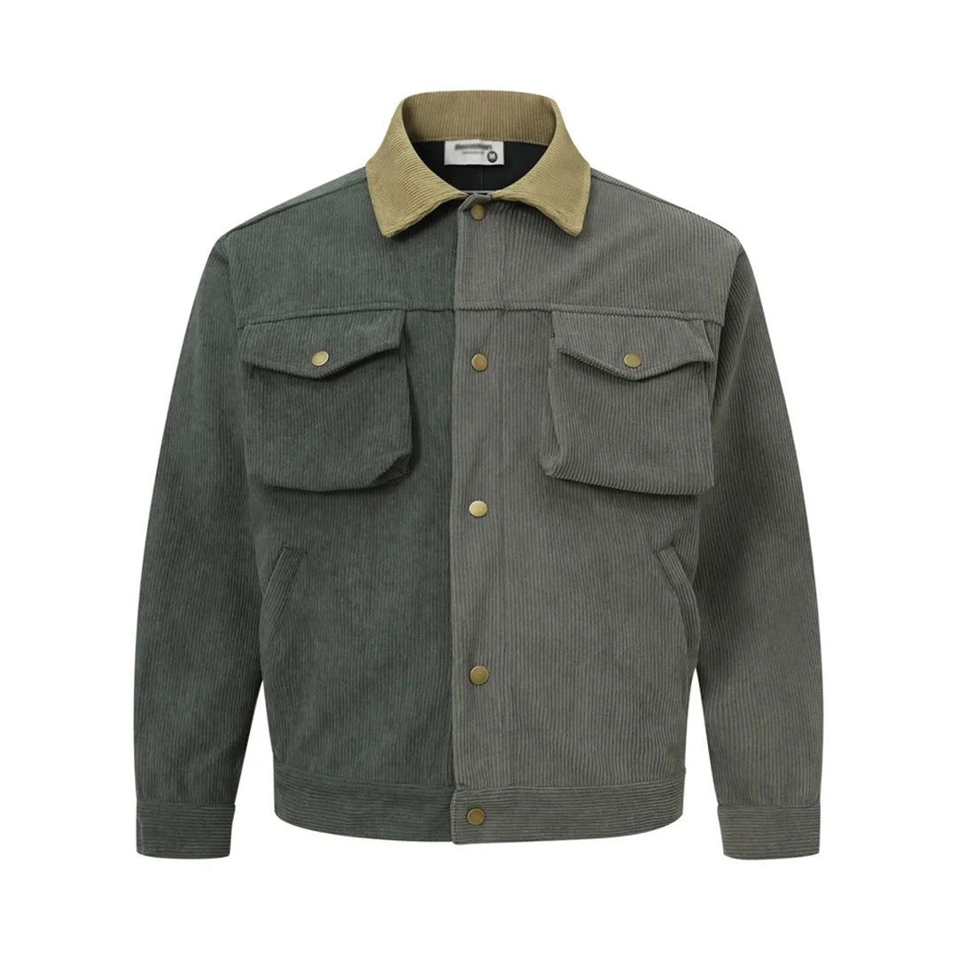 Color block corduroy jacket with textured cotton panels, bold multi-tone structured fit