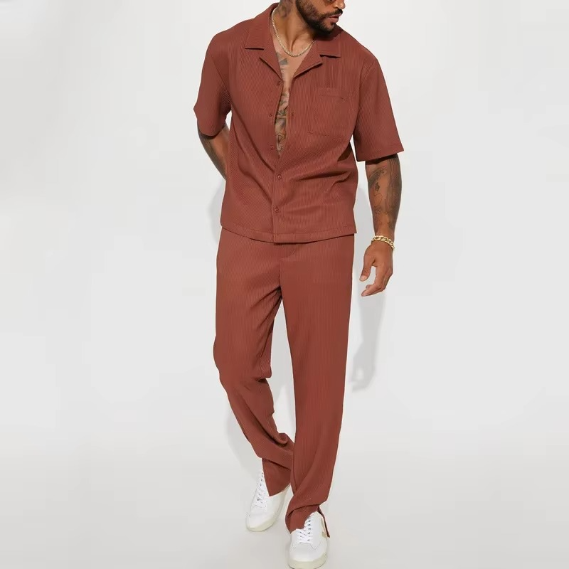 Men's solid two-piece streetwear set short sleeve lapel shirt matching pants elastic waist casual