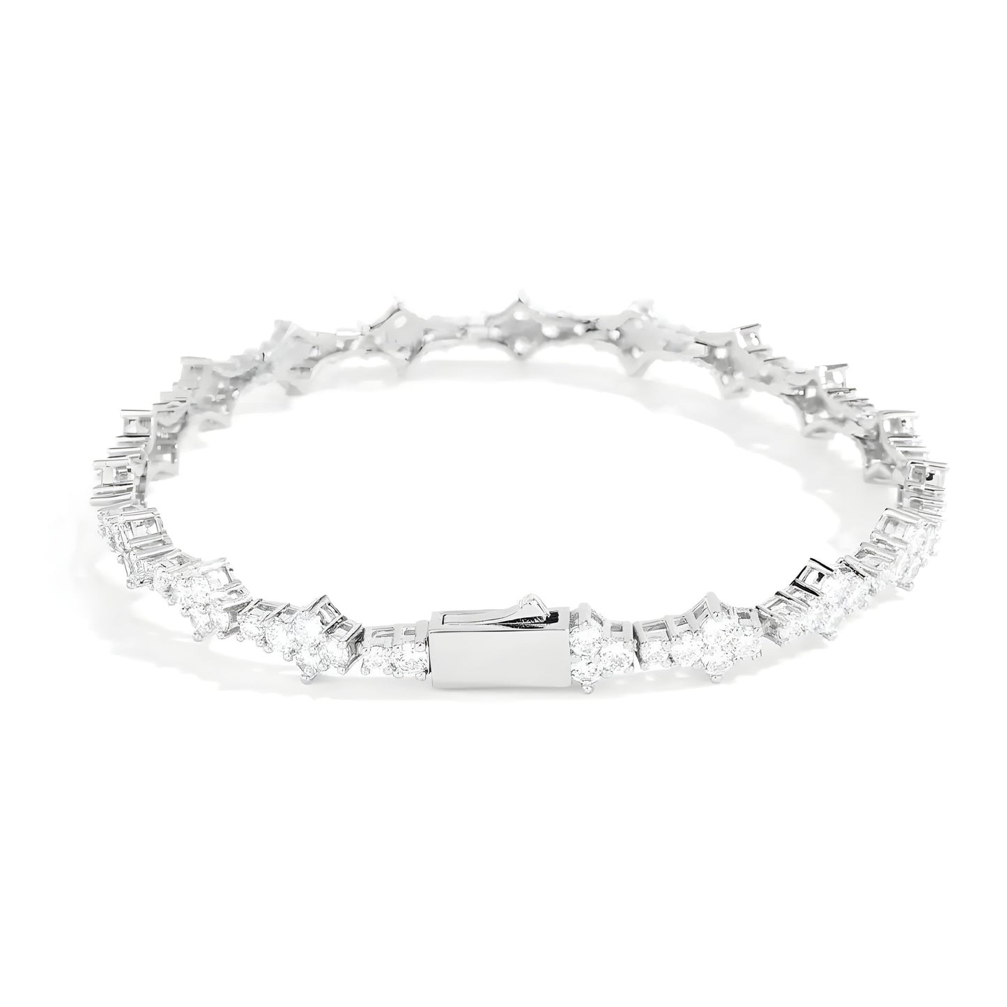 Silver cable chain bracelet with rhinestone four-petal flower charm, diamond prong setting, women's elegant everyday jewelry