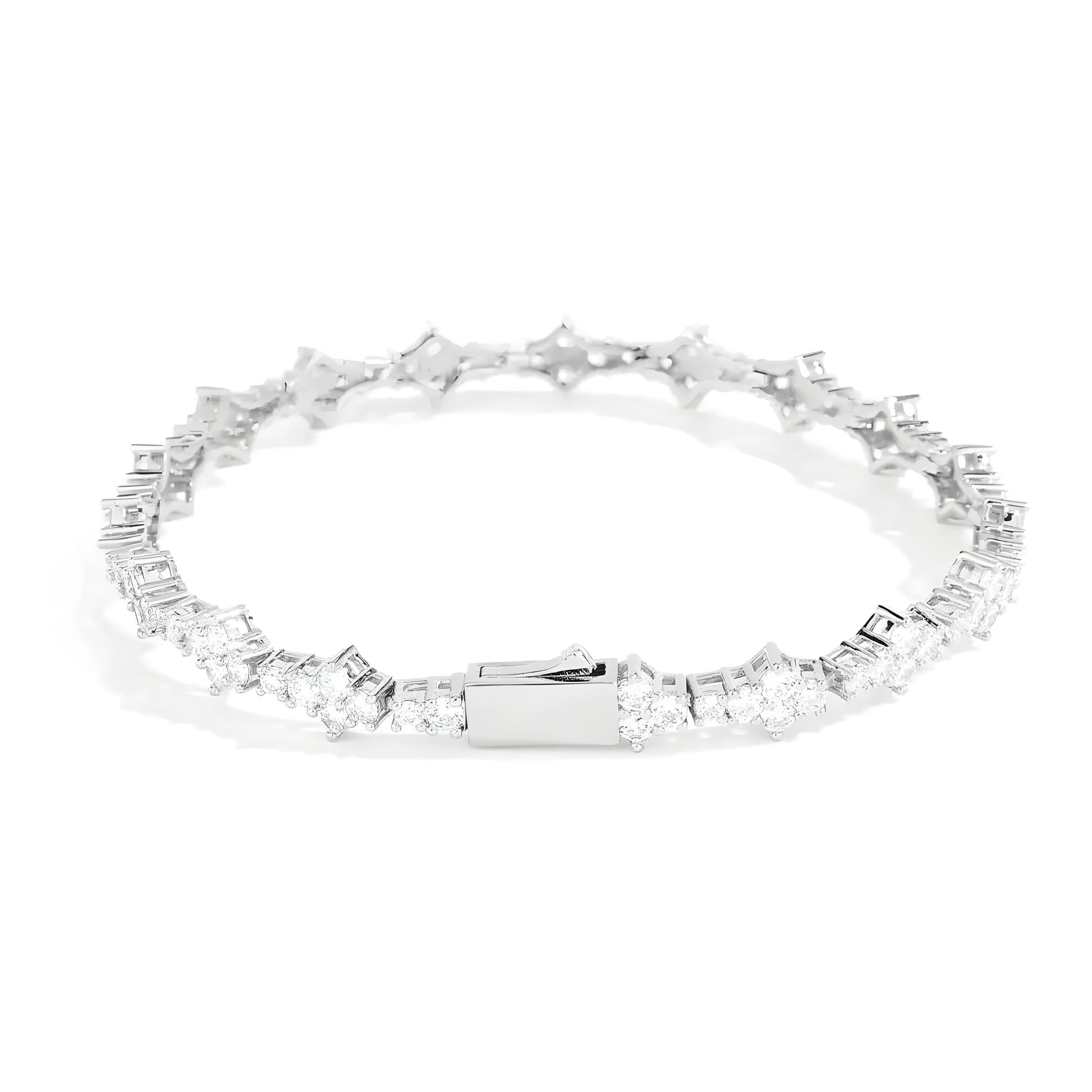 Silver cable chain bracelet with rhinestone four-petal flower charm, diamond prong setting, women's elegant everyday jewelry
