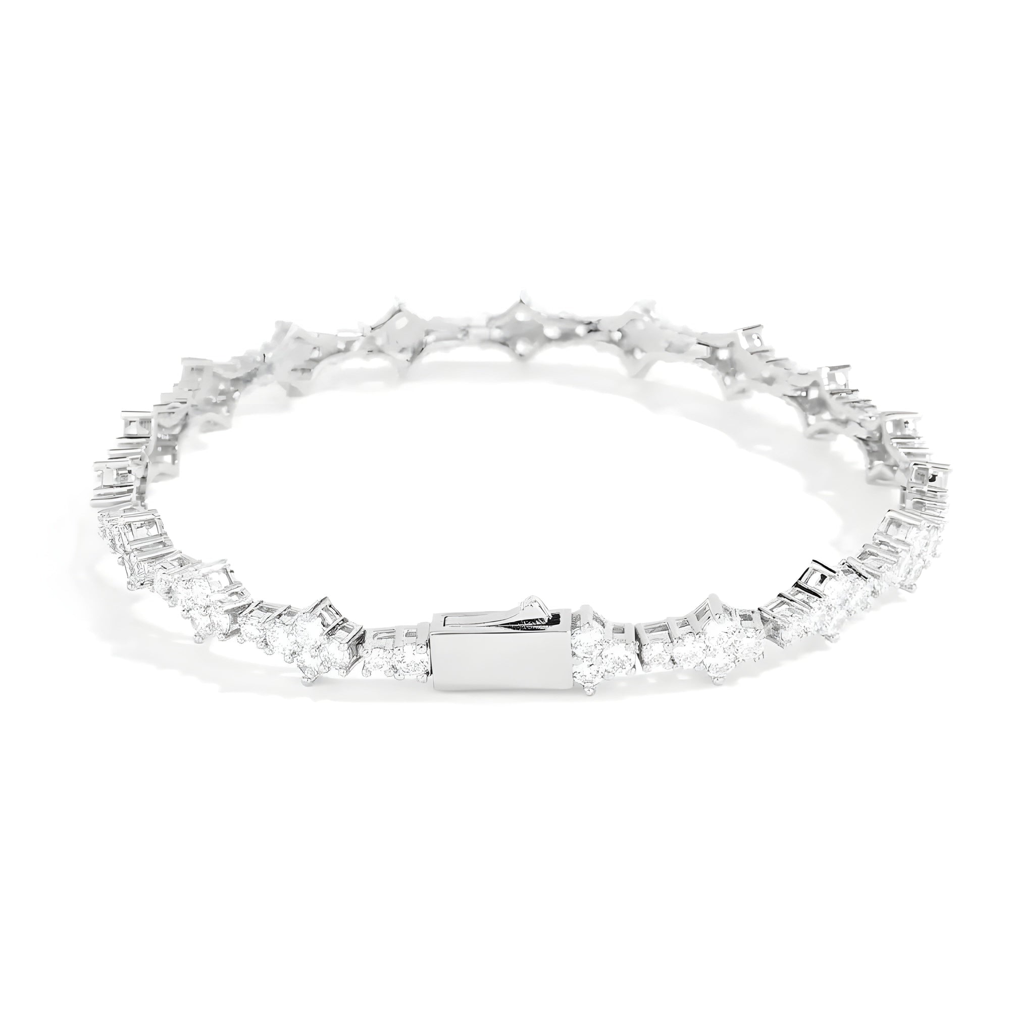 Silver cable chain bracelet with rhinestone four-petal flower charm, diamond prong setting, women's elegant everyday jewelry