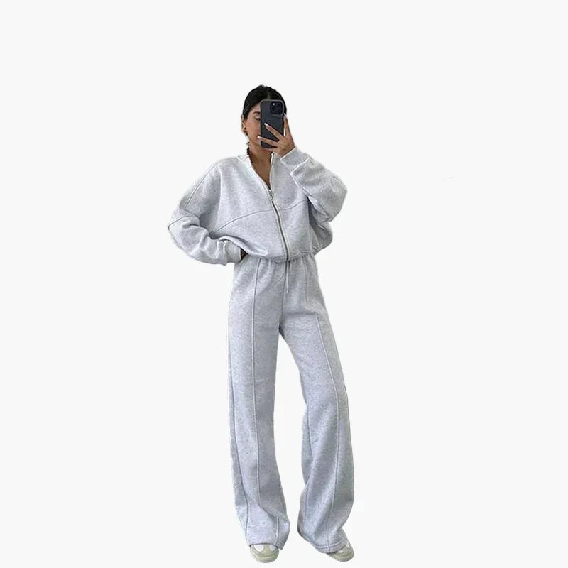 Women's oversized casual two-piece suit wide pants zip-up jacket urban streetwear minimalist style