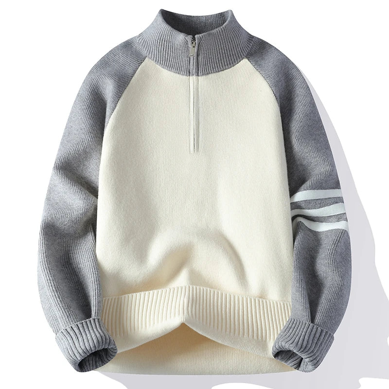 Two-tone half-zip knit sweater relaxed unisex fit color-block contrast soft texture casual layering