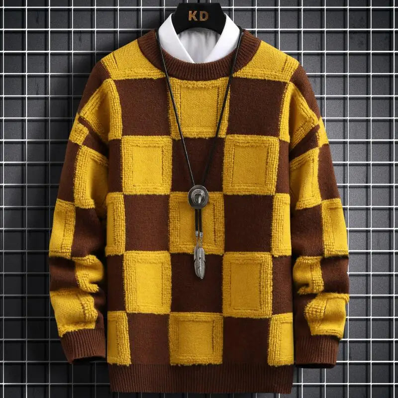 Unisex retro checkerboard knit sweater chunky thick cozy casual everyday crewneck pullover