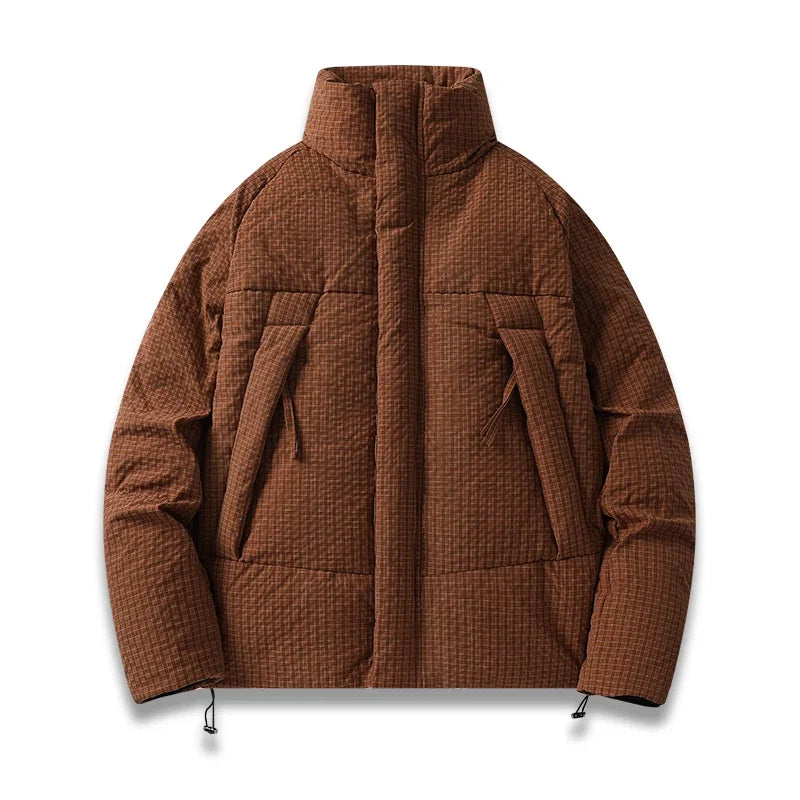 Men's black quilted parka with plaid texture, structured fit, and windproof insulation for cold weather