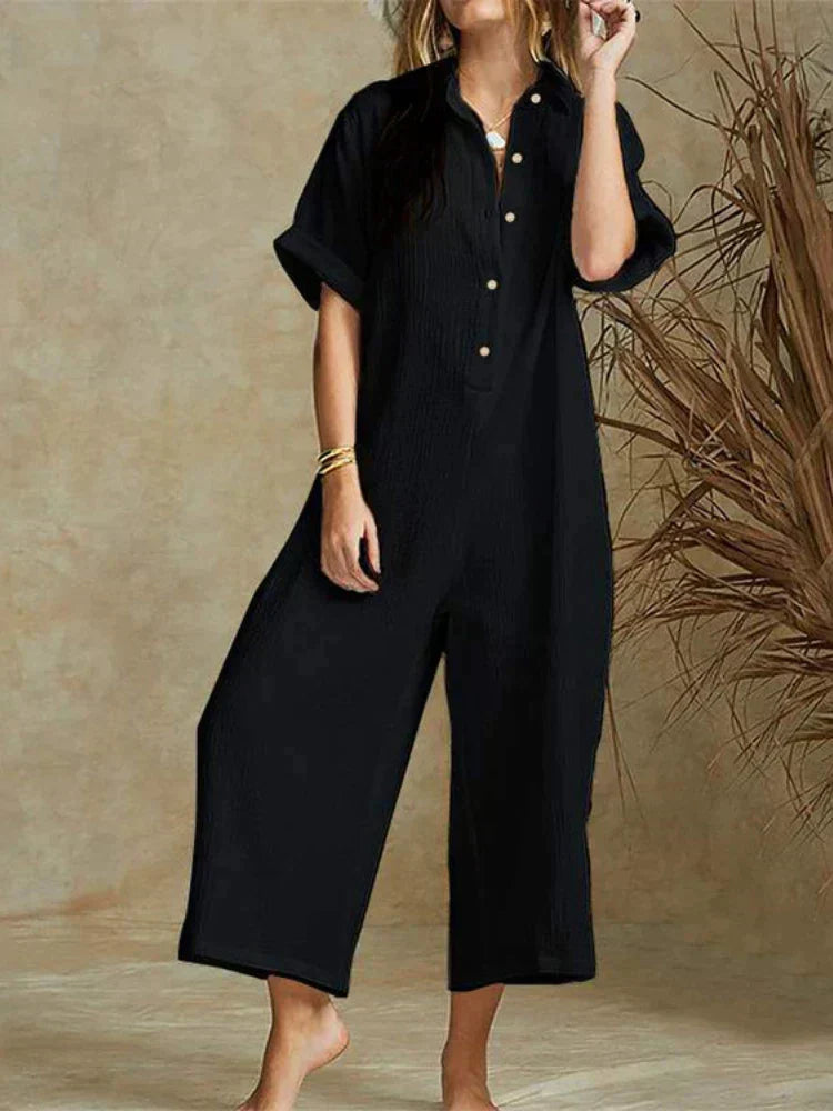 Women's relaxed-fit cropped wide-leg jumpsuit cotton blend button-front closure effortless everyday style