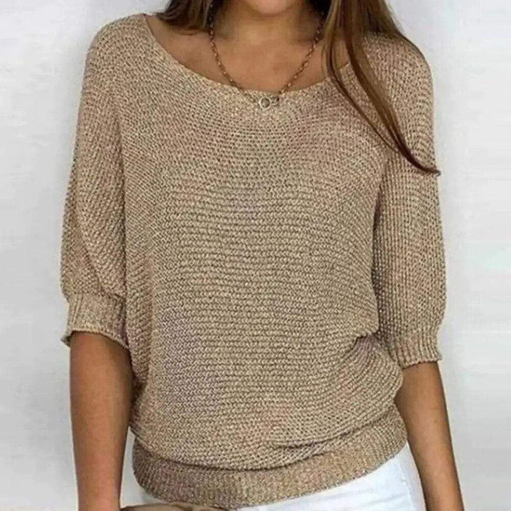 Women's loose knit sweater half sleeves relaxed fit wide neckline casual airy layering piece