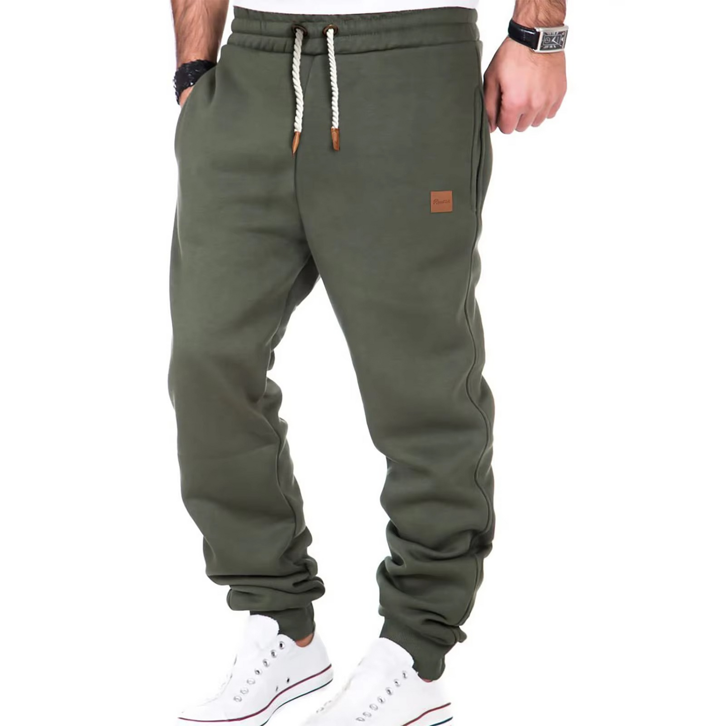 Men's gray casual jogger pants with plush lining, tapered fit, and adjustable drawstring waistband