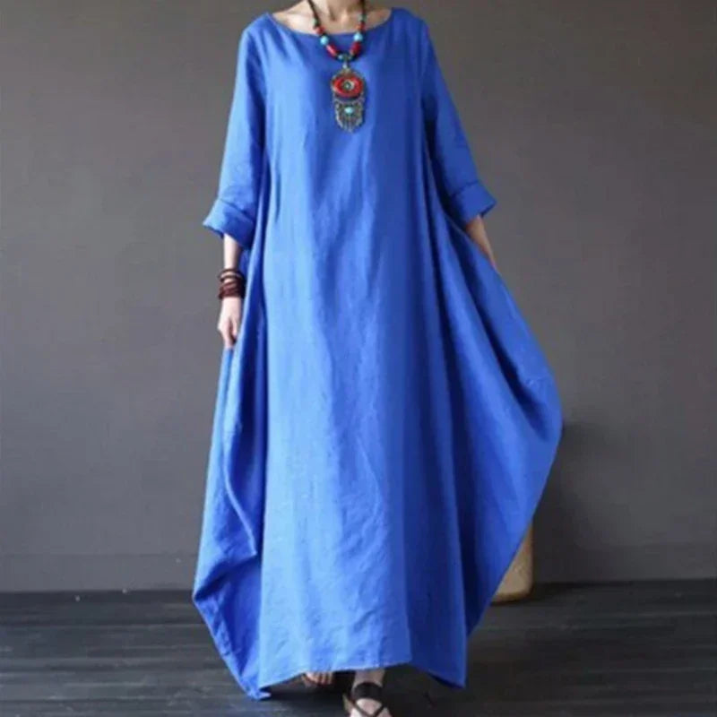 Women's maxi dress breezy relaxed fit long sleeve boat neck breathable cotton-linen blend spring autumn